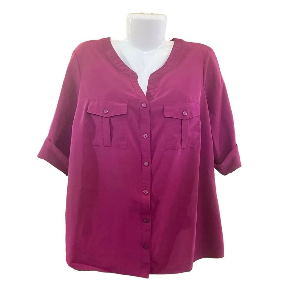 Elementz Women's Burgundy Roll Tab Sleeve Button-Up Chest Pockets Top | Size 1X